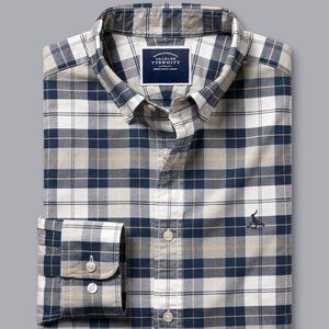 Charles Tyrwhitt Button-Down Collar Washed Oxford Check Shirt - Navy Gray Large